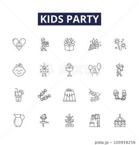 Kids party line vector icons and signs. Birthday, Celebration, Fun, Games, Presents, Music, Balloon, Party outline vector illustration set 100958256