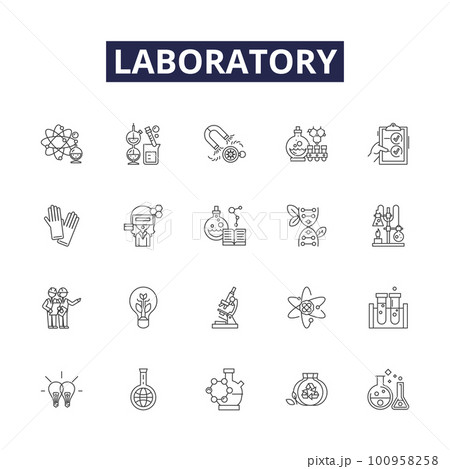 Laboratory line vector icons and signs. Experiment, Test, Research, Analysis, Chemistry, Microscope, Beaker, Study outline vector illustration set 100958258