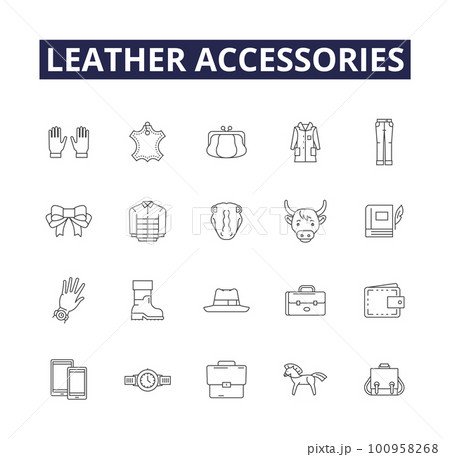 Leather accessories line vector icons and signs. Accessories, Belts, Handbags, Purses, Wallets, Shoes, Boots, Sandals outline vector illustration set 100958268