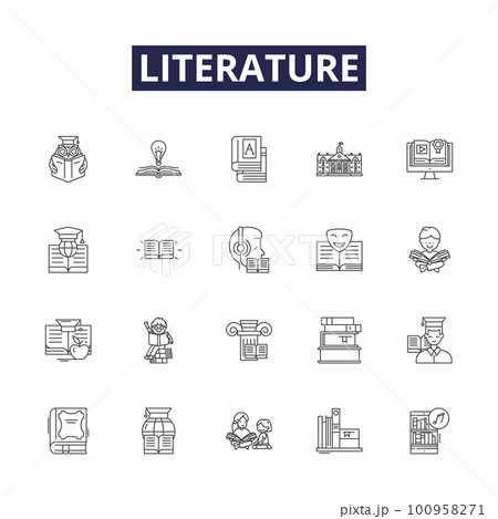Literature line vector icons and signs. Poetry, Fiction, Plays, Essays, Comic, Story, Verse, Novella outline vector illustration set 100958271
