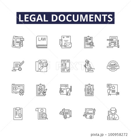 Legal documents line vector icons and signs. Wills, Deeds, Contracts, Affidavits, Agreements, Leases, Powers, Indentures outline vector illustration set 100958272