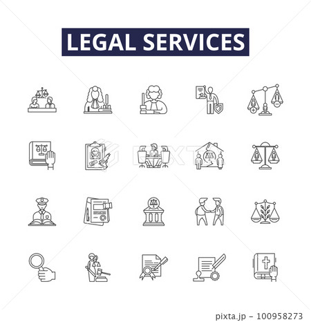 Legal services line vector icons and signs. Attorney, Paralegal, Advocate, Judicial, Counsel, Court, Advocacy,Justice outline vector illustration set 100958273
