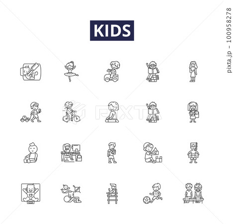 Kids line vector icons and signs. infants, toddlers, youth, preteens, preschoolers, juveniles, schoolers, immature outline vector illustration set 100958278