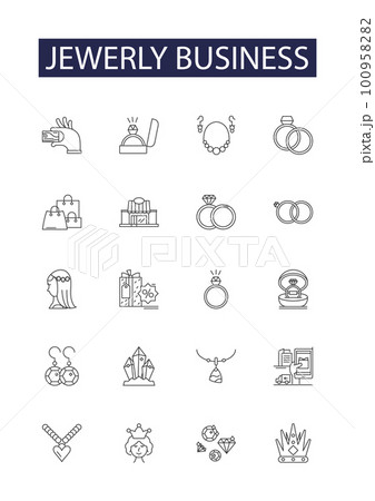 Jewerly business line vector icons and signs. Business, Gold, Silver, Diamonds, Rings, Bracelets, Necklaces, Earrings outline vector illustration set 100958282