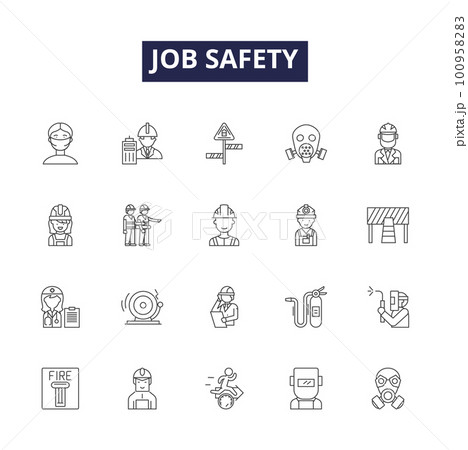 Job safety line vector icons and signs. Avoidance, Awareness, Prevention, Training, Gear, Hazard, Hygiene, Recordkeeping outline vector illustration set Job safety line vector icons and signs. Avoidance, Awareness, Prevention, Training, Gear, Hazard, Hygiene, Recordkeeping outline vector illustration set 100958283