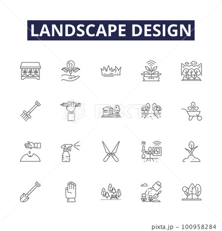 Landscape design line vector icons and signs. Landscape, Hardscape, Planting, Patio, Deck, Lighting, Pathway, Shrubbery outline vector illustration set 100958284