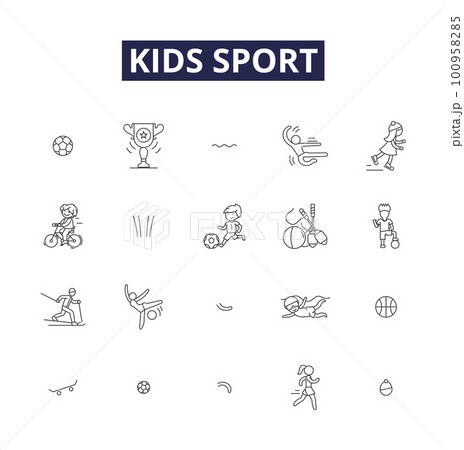 Kids sport line vector icons and signs. sports, games, running, jumping, cycling, swimming, skiing, soccer outline vector illustration set Kids sport line vector icons and signs. sports, games, running, jumping, cycling, swimming, skiing, soccer outline vector illustration set 100958285