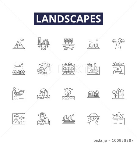 Landscapes line vector icons and signs. seascapes, nature, rural, topography, vista, horizon, mountains, deserts outline vector illustration set Landscapes line vector icons and signs. seascapes, nature, rural, topography, vista, horizon, mountains, deserts outline vector illustration set 100958287