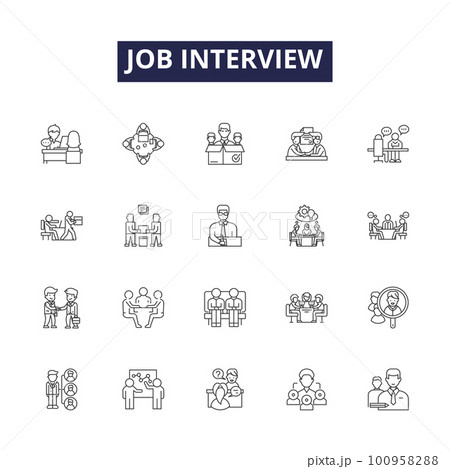 Job interview line vector icons and signs. Job, Preparation, Tips, Resume, Qualifications, Questions, Answer, Performance outline vector illustration set Job interview line vector icons and signs. Job, Preparation, Tips, Resume, Qualifications, Questions, Answer, Performance outline vector illustration set 100958288