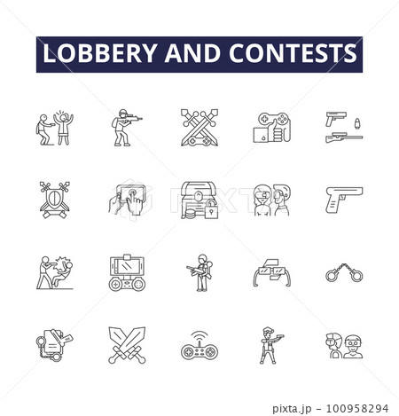 Lobbery and contests line vector icons and signs. Contests, Competition, Promotions, Prizes, Awards, Giveaways, Sweepstakes, Invention outline vector illustration set 100958294