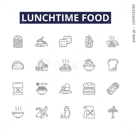Lunchtime food line vector icons and signs. Salad, Burger, Pizza, Soup, Burrito, Fries, Noodles, Tacos outline vector illustration set Lunchtime food line vector icons and signs. Salad, Burger, Pizza, Soup, Burrito, Fries, Noodles, Tacos outline vector illustration set 100958299