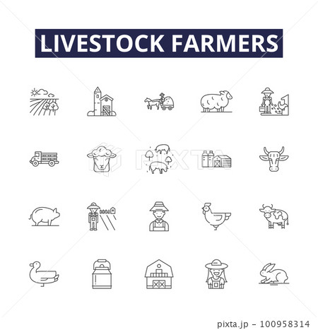 Livestock farmers line vector icons and signs. husbandry, herdsman, agrarians, stockbreeders, custodians, raisers, shepherds, pastoralists outline vector illustration set Livestock farmers line vector icons and signs. husbandry, herdsman, agrarians, stockbreeders, custodians, raisers, shepherds, pastoralists outline vector illustration set 100958314