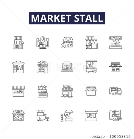 Market stall line vector icons and signs. Market, Vendor, Goods, Shopping, Trade, Bazaar, Retail, Sale outline vector illustration set Market stall line vector icons and signs. Market, Vendor, Goods, Shopping, Trade, Bazaar, Retail, Sale outline vector illustration set 100958316