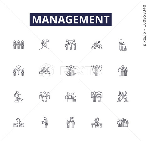 Management line vector icons and signs. Direct, Organize, Plan, Facilitate, Coordinate, Control, Strategize, Monitor outline vector illustration set 100958340