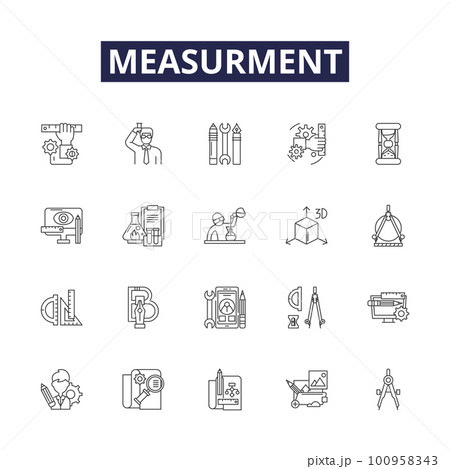 Measurment line vector icons and signs. Quantify, Testing, Calibrate, Gauge, Estimate, Metric, Survey, Analyze outline vector illustration set 100958343
