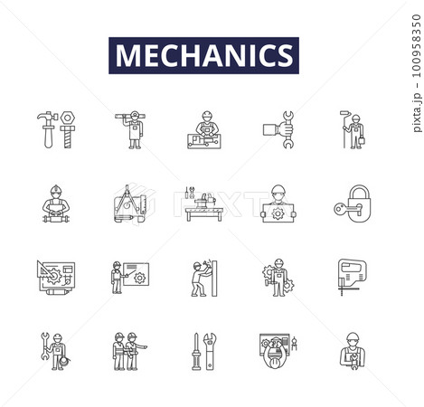 Mechanics line vector icons and signs. Repair, Maintenance, System, Restoration, Auto, Automotive, Dynamics, Analysis outline vector illustration set Mechanics line vector icons and signs. Repair, Maintenance, System, Restoration, Auto, Automotive, Dynamics, Analysis outline vector illustration set 100958350