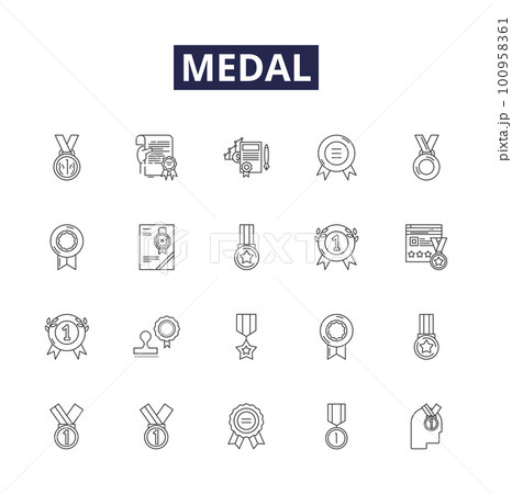 Medal line vector icons and signs. Trophy, Badges, Insignia, Ribbons, Laurels, Badge, Honor, Commemorative outline vector illustration set 100958361