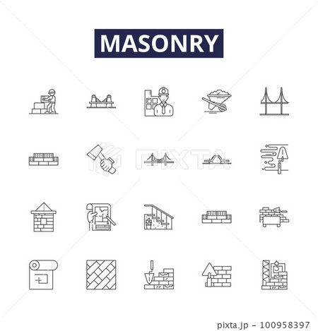 Masonry line vector icons and signs. bricklaying, tiling, pointing, stonework, blockwork, stonemasonry, brickwork, render outline vector illustration set Masonry line vector icons and signs. bricklaying, tiling, pointing, stonework, blockwork, stonemasonry, brickwork, render outline vector illustration set 100958397
