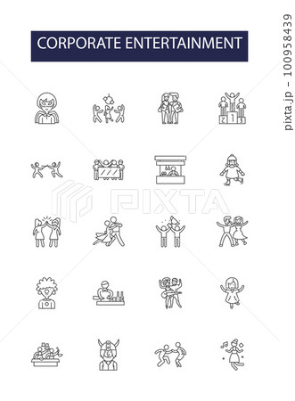 Corporate entertainment line vector icons and signs. Corporate, Events, Show, Gala, Party, Arts, Music, Dance outline vector illustration set 100958439