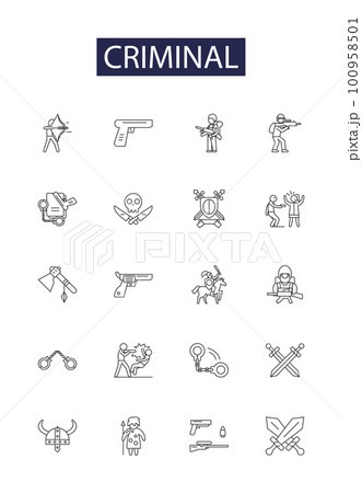 Criminal line vector icons and signs. theft, burglary, extortion, robbery, felonious, felonry, mugging, larceny outline vector illustration set Criminal line vector icons and signs. theft, burglary, extortion, robbery, felonious, felonry, mugging, larceny outline vector illustration set 100958501
