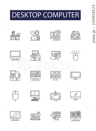 Desktop computer line vector icons and signs. Computer, Personal, DesktopPC, PC, System, Machine, HomePC, OfficePC outline vector illustration set 100958525
