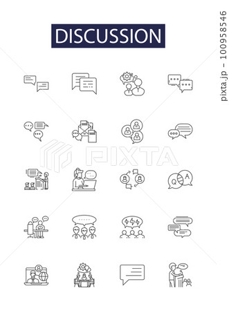 Discussion line vector icons and signs. Dialogue, Exchange, Talk, Contest, Colloquy, Conversation, Deliberation, Conference outline vector illustration set Discussion line vector icons and signs. Dialogue, Exchange, Talk, Contest, Colloquy, Conversation, Deliberation, Conference outline vector illustration set 100958546