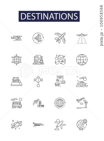 Destinations line vector icons and signs. Locations, Destinations, Resorts, Sites, Attractions, Havens, Places, Remedy outline vector illustration set 100958566
