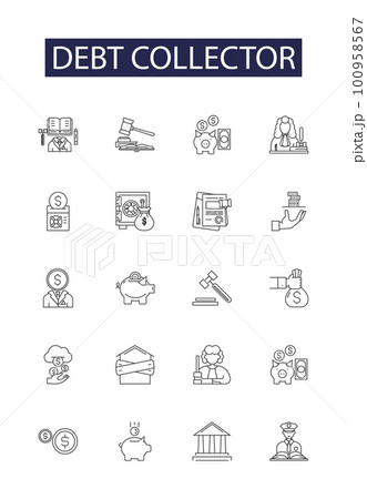 Debt collector line vector icons and signs. Collector, Creditor, Enforcer, Recoverer, Recovery, Loan, Repay, Bureaus outline vector illustration set 100958567