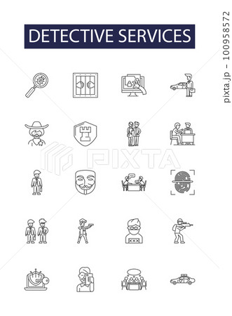 Detective services line vector icons and signs. Surveillance, Probing, Analyzing, Sleuthing, Inquiry, Espionage, Discreet, Detective outline vector illustration set 100958572