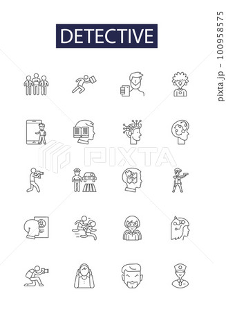 Detective line vector icons and signs. Sleuth, Searcher, Spy, Enquirer, Analyst, Inspect, Probe, Examine outline vector illustration set 100958575
