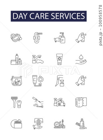 Day care services line vector icons and signs. care, health, people, patient, senior, happy, support,day outline vector illustration set 100958578