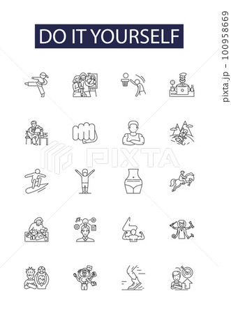 Do it yourself line vector icons and signs. Self-help, Autonomy, Construct, Craft, Fabricate, Improvise, Make, Mend outline vector illustration set 100958669