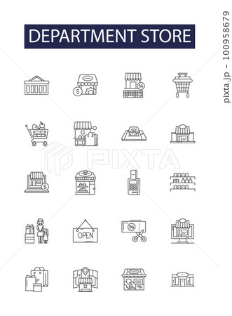 Department store line vector icons and signs. Store, Shopping, Boutique, Marketplace, Bazaar, Merchandise, Emporium, Outlet outline vector illustration set 100958679