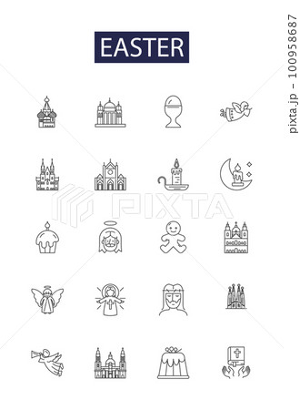 Easter line vector icons and signs. Bunny, Chocolate, Sunrise, Lamb, Holiday, Resurrection, Church, Prayer outline vector illustration set Easter line vector icons and signs. Bunny, Chocolate, Sunrise, Lamb, Holiday, Resurrection, Church, Prayer outline vector illustration set 100958687