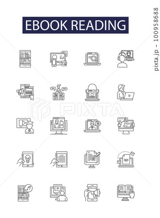 Ebook reading line vector icons and signs. reading, novel, story, digital, kindle, pdf, epub, fiction outline vector illustration set Ebook reading line vector icons and signs. reading, novel, story, digital, kindle, pdf, epub, fiction outline vector illustration set 100958688
