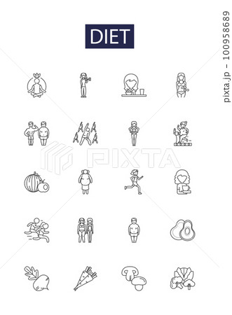 Diet line vector icons and signs. Nutrition, Food, Exercise, Weight, Health, Low-Fat, Calorie, Low-Carb outline vector illustration set Diet line vector icons and signs. Nutrition, Food, Exercise, Weight, Health, Low-Fat, Calorie, Low-Carb outline vector illustration set 100958689