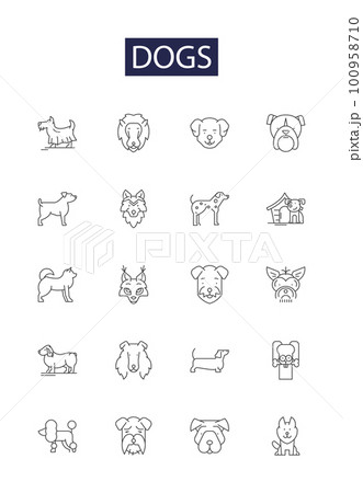 Dogs line vector icons and signs. Hound, Pup, Mutt, Labrador, Terrier, Poodle, Harrier, Spaniel outline vector illustration set Dogs line vector icons and signs. Hound, Pup, Mutt, Labrador, Terrier, Poodle, Harrier, Spaniel outline vector illustration set 100958710