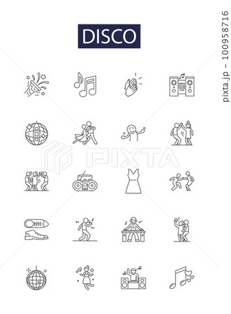 Disco line vector icons and signs. Music, Glitter, Lights, Club, Groove, Saturday, Floor, Friends outline vector illustration set 100958716