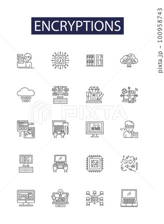 Encryptions line vector icons and signs. Cryptography, Coding, Cybersecurity, Ciphers, Obfuscation, Hashing, Algorithms, Cryptanalysis outline vector illustration set Encryptions line vector icons and signs. Cryptography, Coding, Cybersecurity, Ciphers, Obfuscation, Hashing, Algorithms, Cryptanalysis outline vector illustration set 100958743