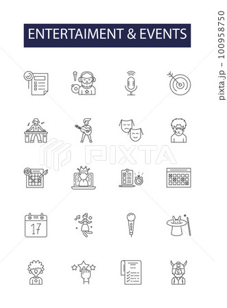 Entertaiment & events line vector icons and signs. events, amusement, recreation, shows, performances, movies, theater, concerts outline vector illustration set 100958750
