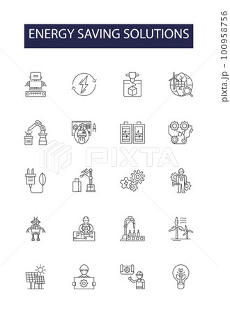 Energy saving solutions line vector icons and signs. Conservation, Renewable, Solar, Biofuel, Wind, Insulation, Enhancing, Voltages outline vector illustration set 100958756