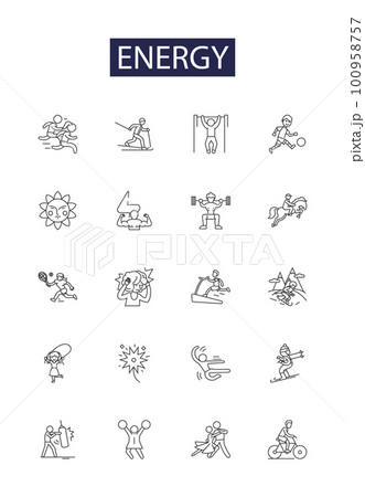 Energy line vector icons and signs. Electricity, Gas, Fuel, Kinetic, Solar, Wind, Thermal, Hydro outline vector illustration set 100958757