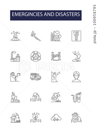 Emergincies and disasters line vector icons and signs. Emergency, Disaster, Flood, Fire, Earthquake, Tsunami, Storm, Tornado outline vector illustration set Emergincies and disasters line vector icons and signs. Emergency, Disaster, Flood, Fire, Earthquake, Tsunami, Storm, Tornado outline vector illustration set 100958793