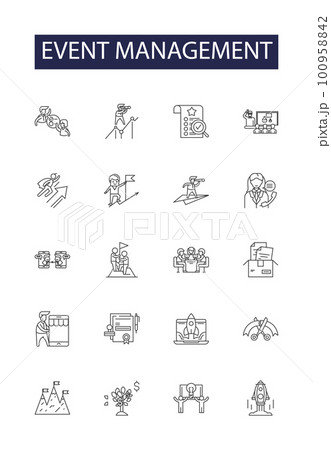 Event management line vector icons and signs. business, manager, logistics, transportation, management, audience, woman,meeting outline vector illustration set Event management line vector icons and signs. business, manager, logistics, transportation, management, audience, woman,meeting outline vector illustration set 100958842