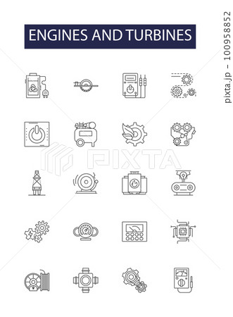 Engines and turbines line vector icons and signs. turbine, technology, jet, aircraft, aviation, plane, air,machine outline vector illustration set 100958852
