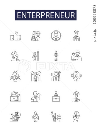 Enterpreneur line vector icons and signs. Start-up, Businessman, Innovator, Mogul, Trailblazer, Risk-taker, Tycoon, Investor outline vector illustration set 100958878