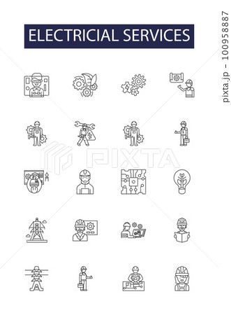 Electricial services line vector icons and signs. Services, Wiring, Circuit, Repair, Installation, Equipments, Fuses, Transformers outline vector illustration set Electricial services line vector icons and signs. Services, Wiring, Circuit, Repair, Installation, Equipments, Fuses, Transformers outline vector illustration set 100958887