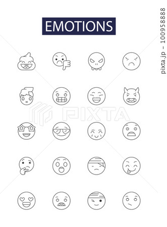 Emotions line vector icons and signs. Joy, Fear, Love, Hate, Anxiety, Surprise, Sadness, Disgust outline vector illustration set 100958888