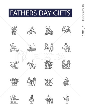 Fathers day gifts line vector icons and signs. Fathers, Day, Cards, Watch, Wallet, Tie, Photo, Accessories outline vector illustration set 100958930