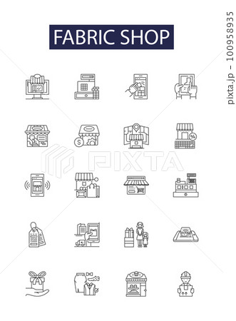 Fabric shop line vector icons and signs. Store, Cloth, Textile, Wool, Cotton, Shop, Linen, Silks outline vector illustration set Fabric shop line vector icons and signs. Store, Cloth, Textile, Wool, Cotton, Shop, Linen, Silks outline vector illustration set 100958935